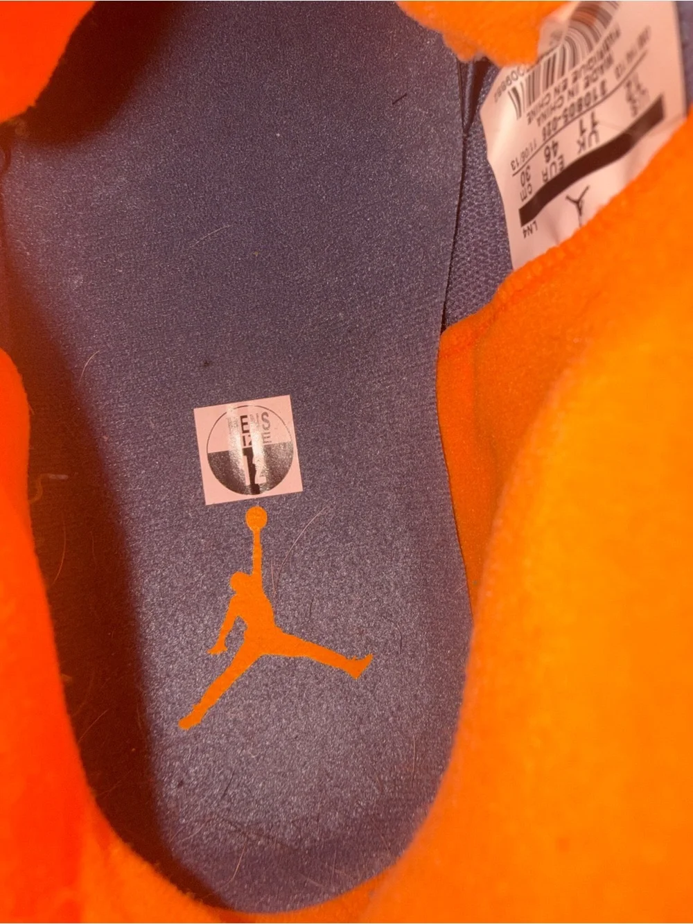 Jordan Men's Gray Sneakers with Blue Laces and Orange Collar